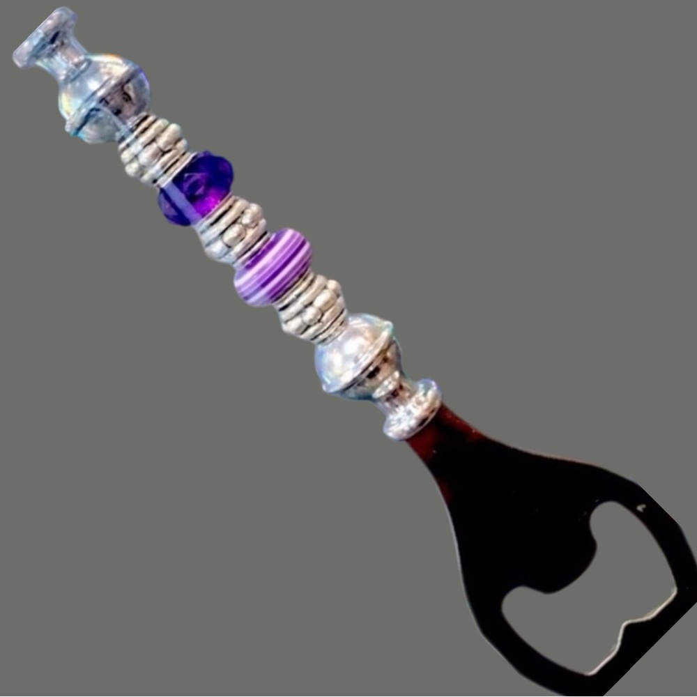 Bottle Opener Silver and Purple Beaded Handcrafted